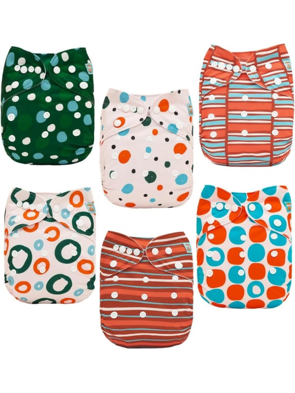 Adjustable Reusable Cloth Diaper Covers Set - 6 Pack with 12 Inserts, Washable